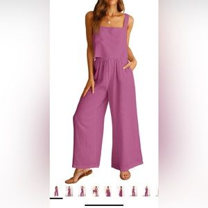 Amazon 2 Piece Matching Linen Set Rose Color Square Neck, Wide Leg Pants